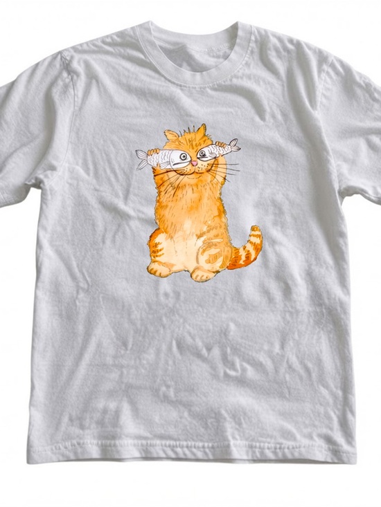 Gildan Tops - Gildan Funny Orange Cat With Fish Graphic Tee Cute Novelty T-shirt